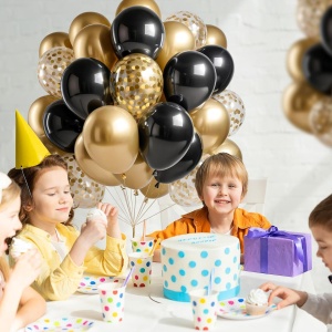 Set 16 Baloane din Latex, Flippy, Model Party, 30 cm, Auriu, Negru, Confetti, 2.8 g - Img 6