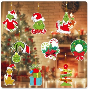 Set 18 Decoratiuni de Craciun din Lemn, Flippy, cu Snur pentru Agatare in Brad, Model Grinch, Diferite Dimensiuni, Multicolor - Img 3