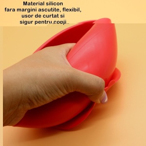 Set 2 piese diversificare bebelusi si copii din silicon Flippy, bol cu ventuza, lingurita din lemn si silicon, pentru gustari, fara alergeni, rosu - Img 3