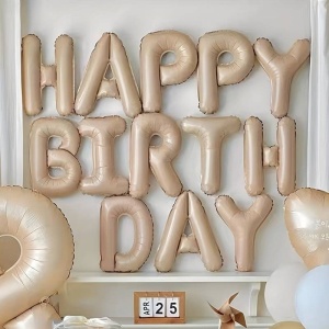 Set 25 de Baloane din Folie Metalizata si Latex, Flippy, Figurine 2 Stele, 4 Baloane Confetti, 13 Litere, 6 Latex, Model Happy Birthday, Tema Aniversare, 40 cm, Ambalaj Individual, Pai Inclus, Umflare cu Aer sau Heliu, Bej - Img 7