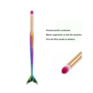 Set 3 Pensule pentru Machiaj Flippy, in Forma de Sirena, Electroplacate, Detalii Fine, Maner Ergonomic, Peri din Fibra Moale, Multicolor - Img 5