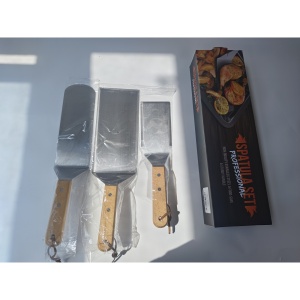 Set 3 spatule pentru gratar Flippy, din metal, margini subtiri, suprafata antiaderenta, rezistente la temperaturi ridicate, maner ergonomic din lemn, 3 forme, agatatoare, gri - Img 9