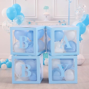 Set 4 Cutii pentru Baloane, Flippy, Model Scris Baby, Tematica Iubire, Cuburi Decorative din Plastic, Accesorii pentru Petrecere, 30 x30 cm, Transparente Contur Albastru - Img 4