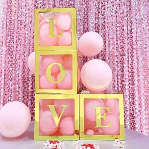 Set 4 Cutii pentru Baloane, Flippy, Model Simplu, Tematica Aniversare, Cuburi Decorative din Plastic, Accesorii pentru Petrecere, 30 x30 cm, Transparente Contur Auriu - Img 6