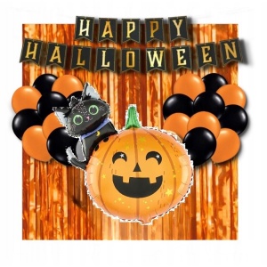 Set 5 Baloane din Folie Metalizata, Flippy, Figurine, Tema Halloween, Pai Inclus, Ambalaj Individual, Umflare cu Aer sau Heliu, Figurina Dovleac si Pisica 84x69 cm, Stelute si Cerculete 45 cm, Multicolor - Img 4