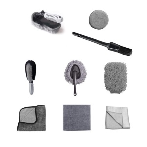 Set 9 Piese pentru Spalat Auto, Flippy, din Plastic si Microfibra, Perii si Lavete, Model B, Gri - Img 1