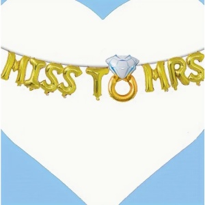 Set Baloane din Folie Metalizata, Flippy, Model Miss to Mrs cu Inel de Logodna, Litere de 40 cm, Tema Iubire, Baloane Party, Ambalaj Individual, Pai Inclus, Umflare cu Aer sau Heliu, Auriu - Img 2