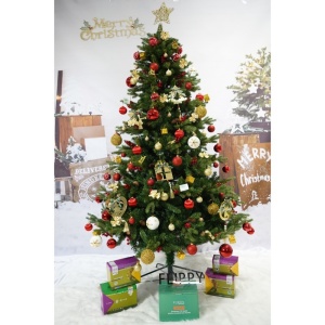 Set brad artificial de Craciun si elemente decorative, decorat cu conuri pin rosii, inaltime 210 cm, diametru 137 cm, 1172 ramuri, Flippy, verde, suport metalic inclus - Img 3