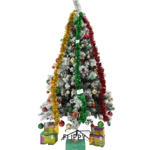 Set brad artificial de Craciun si elemente decorative, nins, decorat cu conuri pin, pentru interior/exterior, inaltime 210 cm, diametru 131 cm, 630 ramuri, Flippy, alb/verde, suport metalic inclus - Img 1