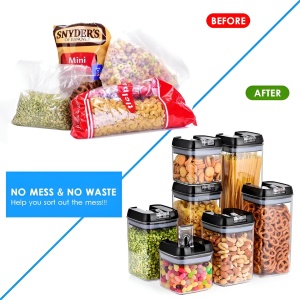 Set Cutii de Depozitare a Alimentelor, Flippy, 7 Recipiente, 10 Etichete Reutilizabile, 4 Linguri, pentru Bucatarie, Spatula, Etansare, Fara BPA, Transparente, Capac Negru - Img 5