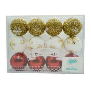 Set de 12 ornamente de brad, Flippy, de tip Glob, Alb/ Rosu, din polistiren, cu finisaj sclipitor , cutie 8 cm adancime x 32 cm lungime x 24 cm inaltime