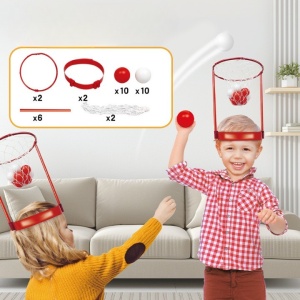 Set Interactiv pentru Copii, Flippy, Joc cu Doua Cosuri de Baschet de Pus pe Cap, Joc Dublu, 20 de Mingi Albe si Rosii, Multicolor - Img 2