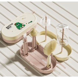 Set Portabil cu Suport de Spalare/ Uscare Biberoane, Flippy, Perii de Silicon pentru Curatarea Tetinelor, Suzetelor, Paharelor si Biberoanelor, Cutie Multifunctionala, Roz - Img 1