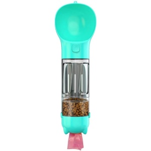 Sticla portabila 4 in 1 Flippy, pentru caini si pisici, cu 3 compartimente + lopetica, 300ml, apa, hrana, pungi igienice, lopetica, 26.7 x 9.7 x 9.4 cm, turcoaz - Img 1