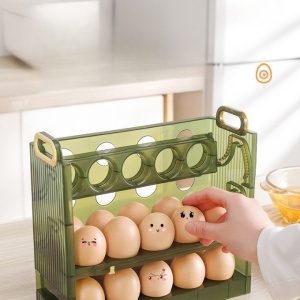 Suport Organizator pentru Oua, Flippy, pentru Frigider, Verde transparent, Capacitate 30 oua, Trei straturi, cu Data de Expirare, 25.5x10x23 cm - Img 7