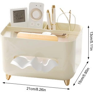 Suport pentru Servetele, Flippy, Cutie Multifunctionala, Design Minimalist, ABS, cu Suport pentru Obiectele Personale, pentru Birou, 21x15x13 cm, Crem - Img 5
