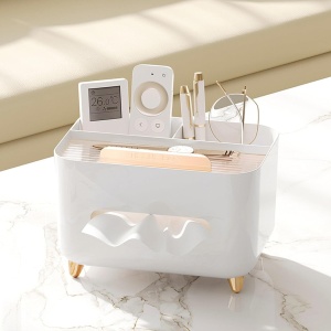 Suport pentru Servetele, Flippy, Cutie Multifunctionala, Design Minimalist, ABS, cu Suport pentru Obiectele Personale, pentru Birou, 21x15x13 cm, Alb - Img 5