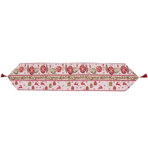 Traversa de Masa pentru Craciun, Flippy, Napron, din Material Tricotat cu Tesatura Groasa, Model Globuri, Reni si Cadouri, cu Colt si Ciucure, 173x34x0.2 cm, Alb/ Rosu - Img 1