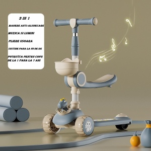 Trotineta Multifunctionala 3 in 1, Flippy, pentru Copii, 1-7 Ani, cu Lumini si Muzica, Reglabil 360, Pliere Usoara, Reglarea Inaltimii, Model Dinozaur, Bej/Albastru - Img 2