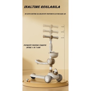 Trotineta Multifunctionala 3 in 1, Flippy, pentru Copii, 1-7 Ani, cu Lumini si Muzica, Reglabil 360, Pliere Usoara, Reglarea Inaltimii, Model Dinozaur, 67-76 x 24 x 55 cm, Alb/Bej - Img 3