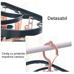 Uscator de Rufe Suspendat Flippy, cu 12 Carlige, Rotire 360 Grade, Protectie Vant, Mateiral Plastic, Usor de Depozitat, Multifunctional, 30 x 12.5 cm, Albastru/Roz - Img 2