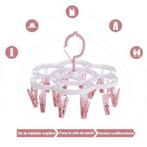Uscator de Rufe Suspendat Flippy, cu 16 Carlige, Rotire 360 Grade, Mateiral Plastic, Usor de Depozitat, Multifunctional, 26 x 21 cm, Roz - Img 4