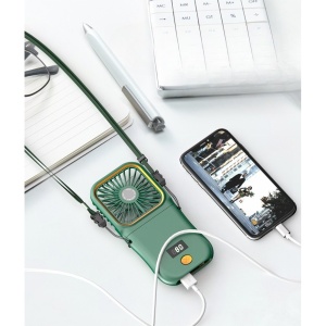 Ventilator Portabil Flippy, 3 in 1, de Mana, de Gat, de Birou, 16.7 x 8 x 1.9 cm, 3 Trepte de Viteza, Incarcare USB, Pliabil, Afisaj Digital, Suport Telefon, Verde - Img 5