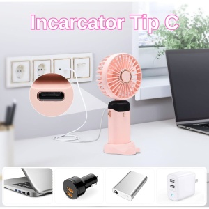 Ventilator Ultra Portabil cu Aromaterapie, Flippy, 3 in 1, de Mana, de Birou, de Gat, 5 Trepte de Viteza, Incarcare USB, Autonomie 12h, Pliabil, cu Ecran LCD, Roz - Img 4