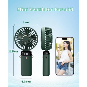 Ventilator Ultra Portabil cu Aromaterapie, Flippy, 3 in 1, de Mana, de Birou, de Gat, 5 Trepte de Viteza, Incarcare USB, Autonomie 12h, Pliabil, cu Ecran LCD, Verde - Img 7