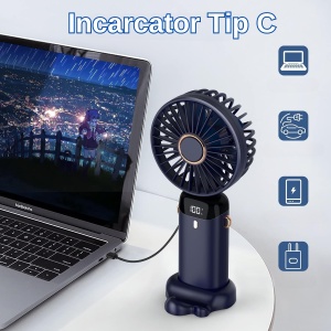 Ventilator Ultra Portabil cu Aromaterapie, Flippy, 3 in 1, de Mana, de Birou, de Gat, 5 Trepte de Viteza, Incarcare USB, Autonomie 12h, Pliabil, cu Ecran LCD, Albastru - Img 9