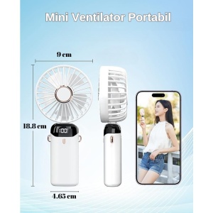 Ventilator Ultra Portabil cu Aromaterapie, Flippy, 3 in 1, de Mana, de Birou, de Gat, 5 Trepte de Viteza, Incarcare USB, Autonomie 12h, Pliabil, cu Ecran LCD, Alb - Img 11