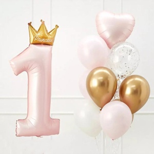 Balon din Folie Metalizata, Flippy, Figurina Cifra 1, Model Coroana Printesa, 91 cm, Ambalaj Individual, Pai inclus, Umflare cu Aer sau Heliu, Roz - Img 4