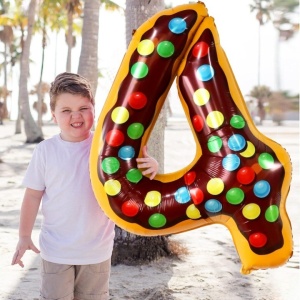 Balon din Folie Metalizata Flippy, Figurina Cifra, Imprimeu Gogosi, Tema Aniversare 100 cm, Ambalaj Individual, Pai inclus, Umflare cu Aer sau Heliu, Multicolor, Cifra 4 - Img 6