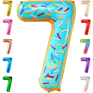 Balon din Folie Metalizata Flippy, Figurina Cifra, Imprimeu Gogosi, Tema Aniversare 100 cm, Ambalaj Individual, Pai inclus, Umflare cu Aer sau Heliu, Multicolor, Cifra 7 - Img 6