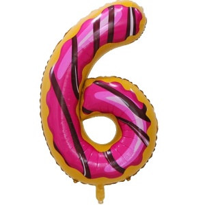 Balon din Folie Metalizata Flippy, Figurina Cifra, Imprimeu Gogosi, Tema Aniversare 100 cm, Ambalaj Individual, Pai inclus, Umflare cu Aer sau Heliu, Multicolor, Cifra 6 - Img 1