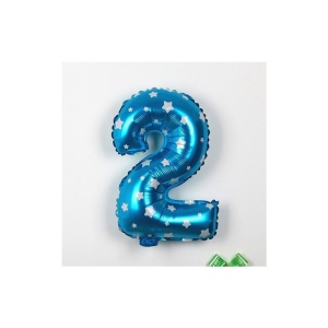 Balon din Folie Metalizata Flippy, Figurina Cifra, Imprimeu Stele, Tema Aniversare 80 cm, Ambalaj Individual, Pai inclus, Umflare cu Aer sau Heliu, Albastru, Cifra 2 - Img 3