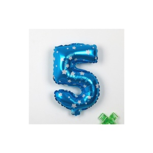 Balon din Folie Metalizata Flippy, Figurina Cifra, Imprimeu Stele, Tema Aniversare 80 cm, Ambalaj Individual, Pai inclus, Umflare cu Aer sau Heliu, Albastru, Cifra 5 - Img 3