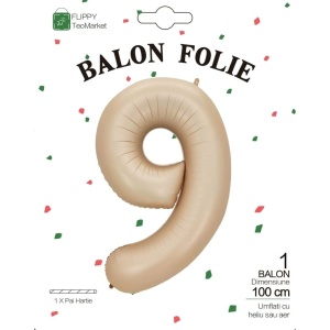 Balon din Folie Metalizata, Flippy, Figurina Cifra, Model 9, Tema Aniversare 100 cm, Ambalaj Individual, Pai Inclus, Umflare cu Aer sau Heliu, Crem - Img 6