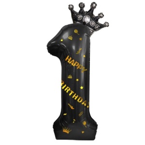 Balon din Folie Metalizata Flippy, Figurina Cifra si Coroana, Scris Happy Birthday, Tema Aniversare 100 cm, Ambalaj Individual, Pai inclus, Umflare cu Aer sau Heliu, Negru, Cifra 1 - Img 7