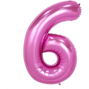 Balon din Folie Metalizata Flippy, Figurina Cifra si Coroana, Tema Aniversare 100 cm, Ambalaj Individual, Pai inclus, Umflare cu Aer sau Heliu, Roz, Cifra 6 - Img 3