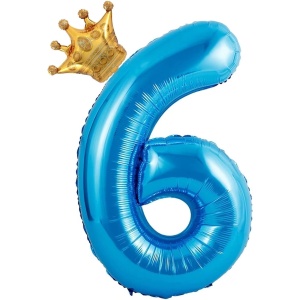 Balon din Folie Metalizata Flippy, Figurina Cifra si Coroana, Tema Aniversare 100 cm, Ambalaj Individual, Pai inclus, Umflare cu Aer sau Heliu, Albastru, Cifra 6 - Img 1