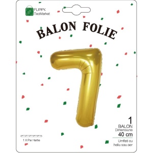 Balon din Folie Metalizata Flippy, Figurina Cifra, Tema Aniversare 40 cm, Ambalaj Individual, Pai inclus, Umflare cu Aer sau Heliu, Auriu, Cifra 7 - Img 2