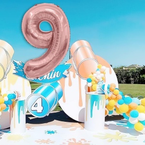 Balon din Folie Metalizata Flippy, Figurina Cifra, Tema Aniversare 40 cm, Ambalaj Individual, Pai inclus, Umflare cu Aer sau Heliu, Rose Gold, Cifra 9 - Img 3