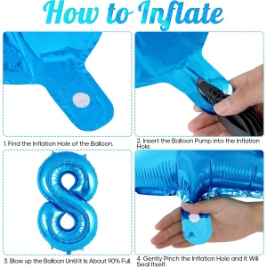 Balon din Folie Metalizata Flippy, Figurina Cifra, Tema Aniversare 40 cm, Ambalaj Individual, Pai inclus, Umflare cu Aer sau Heliu, Albastru, Cifra 8 - Img 2