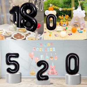 Balon din Folie Metalizata, Flippy, Figurina Cifra, Tema Aniversare 80 cm, Ambalaj Individual, Pai inclus, Umflare cu Aer sau Heliu, Negru, Cifra 5 - Img 3