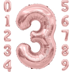 Balon din Folie Metalizata Flippy, Figurina Cifra, Tema Aniversare 80 cm, Ambalaj Individual, Pai inclus, Umflare cu Aer sau Heliu, Rose Gold, Cifra 3 - Img 4
