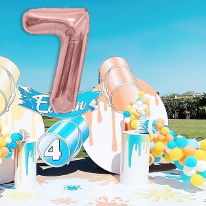 Balon din Folie Metalizata Flippy, Figurina Cifra, Tema Aniversare 80 cm, Ambalaj Individual, Pai inclus, Umflare cu Aer sau Heliu, Rose, Cifra 7 - Img 3