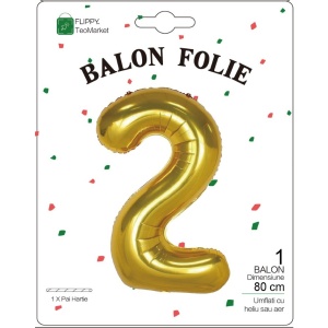 Balon din Folie Metalizata Flippy, Figurina Cifra, Tema Aniversare 80 cm, Ambalaj Individual, Pai inclus, Umflare cu Aer sau Heliu, Auriu, Cifra 2 - Img 2