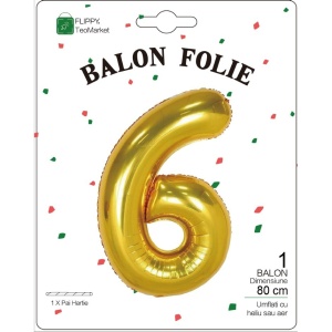 Balon din Folie Metalizata Flippy, Figurina Cifra, Tema Aniversare 80 cm, Ambalaj Individual, Pai inclus, Umflare cu Aer sau Heliu, Auriu, Cifra 6 - Img 2