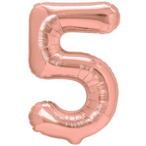 Balon din Folie Metalizata Flippy, Figurina Cifra, Tema Aniversare 80 cm, Ambalaj Individual, Pai inclus, Umflare cu Aer sau Heliu, Rose, Cifra 5 - Img 1